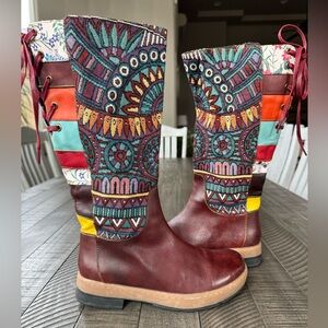 Socofy Boho Embroidery - Shoe Splicing Pattern Knee Boots Women’s Size 7 (38)